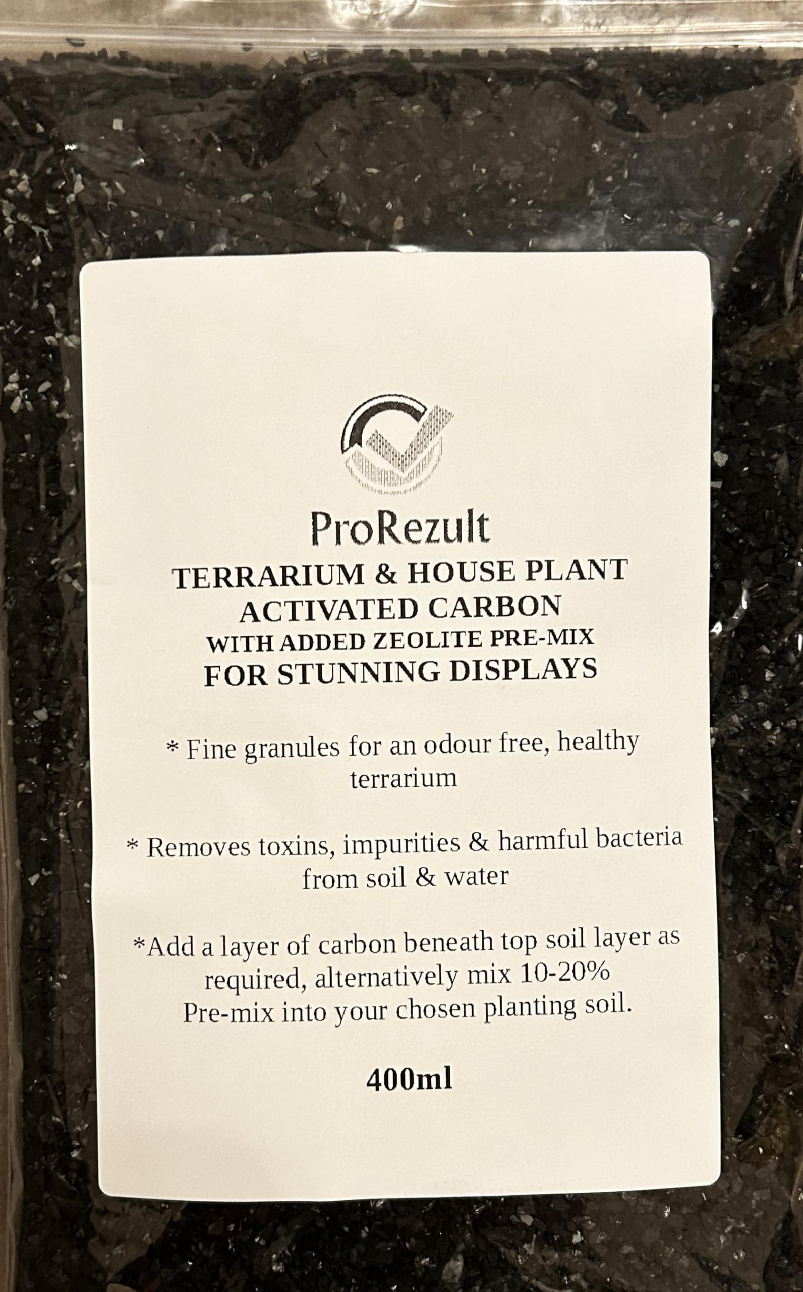 Terrarium Activated Carbon and Added Zeolite 400ml Pack Horticultural Mix for Beautiful Displays, Root Protection and Anti Toxins Inhibitors for Cacti, Bonsai, Succulents and all House Plants.