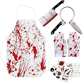 Eerrhhaq 5 Pcs Halloween Scary Butcher Cosplay Costume Accessories | Bloody Butcher Apron Gloves Tattoo Stickers,Fake Knife Headband Knife Prop,Dress up Party Costume