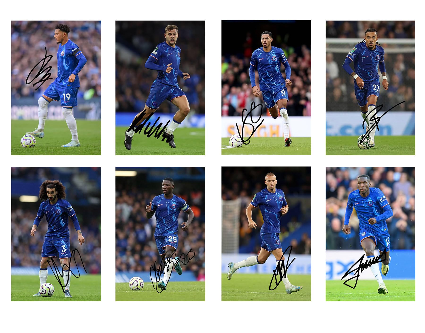 Set of 20 Individual Chelsea 2024/5 Football Players Signed 6X4 Inch Photo Prints With Pre Printed Signatures That Would Make A Great Gift For Any Fan.