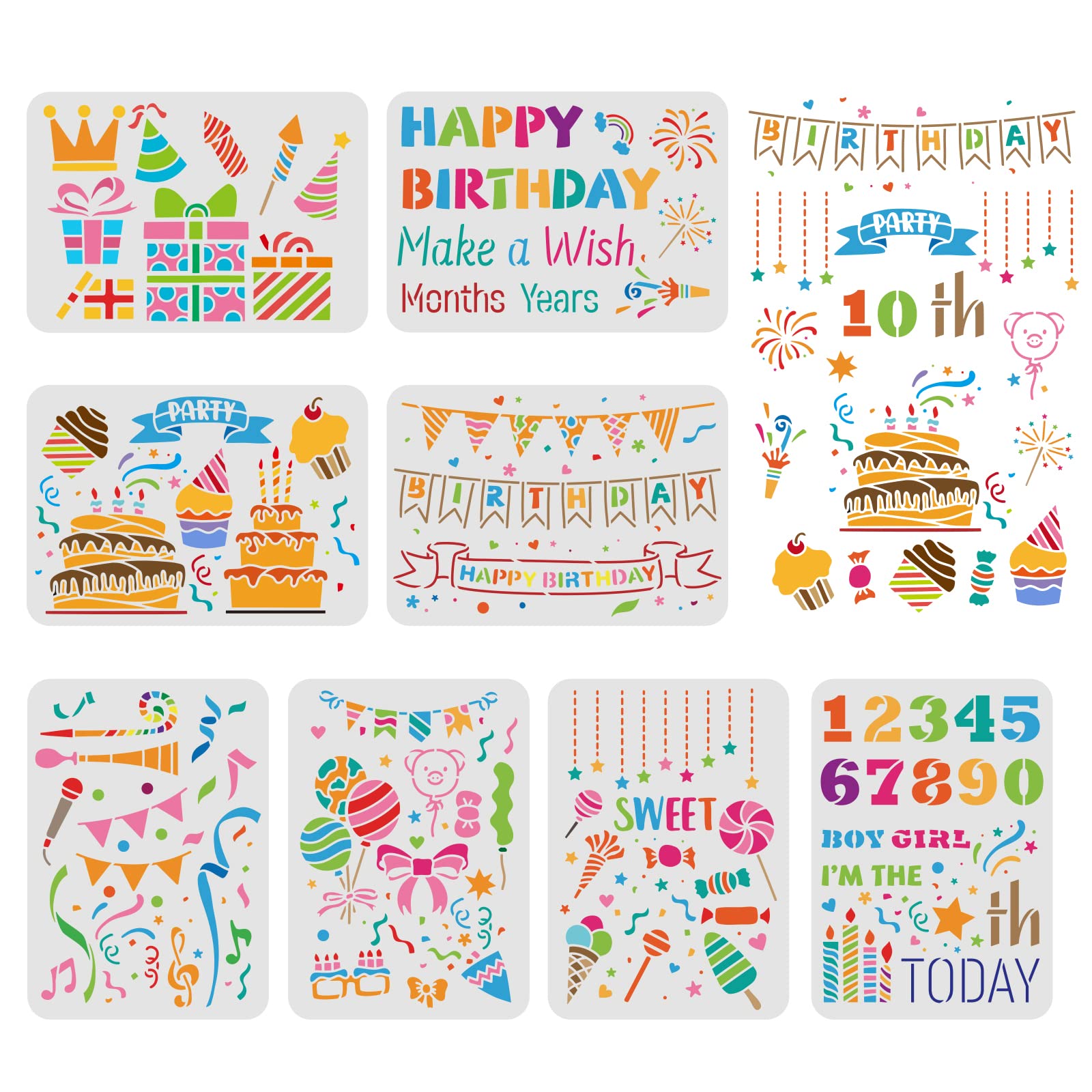 FINGERINSPIRE 8pcs Bithday Party Drawing Painting Stencils Templates 29.7x21cm Bithday Theme Templates Decoration Happy Bithday Drawing Stencil for Painting on Wood, Wall and Fabric