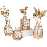 Glasseam Glass Bud Vases for Centerpieces: Small Flower Vase Set of 4 Vintage Cute Mini Vases for Flowers Champagne Pink Centerpiece Vase for Table Decor Wedding Party Decorations