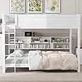 XD Designs Wood Bunk Bed Queen Over Queen Size with Built-in Storage Cabinets and USB Ports, Versatile Bunk Bed Frame with Ladder and Guardrail for Kids Teens Adult, Maximize Space (White-9.30)