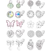 Tornito 10-15 Pairs Clip on Stud Earrings Non Pierced Teardrop Round Square CZ Pearl Twist Knot Flower Butterfly Heart Star Rainbow Cat Opal Clip on Earrings for Women
