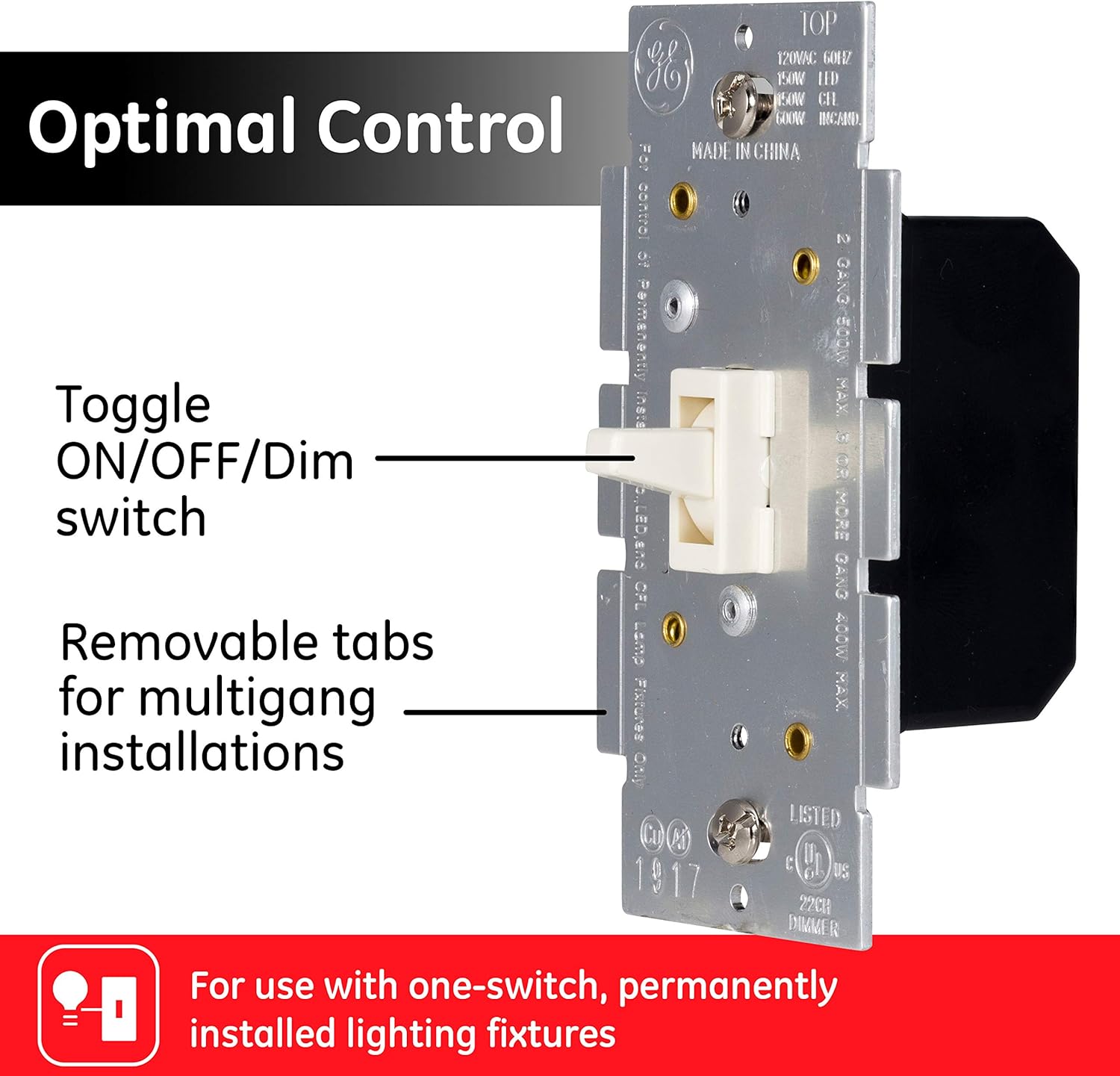 GE Almond, Light, Single Pole Toggle Dimmer, Wall Switch, Dimmable LED, CFL, Incandescent Bulbs, UL Listed, 18053, Light Almond - - 