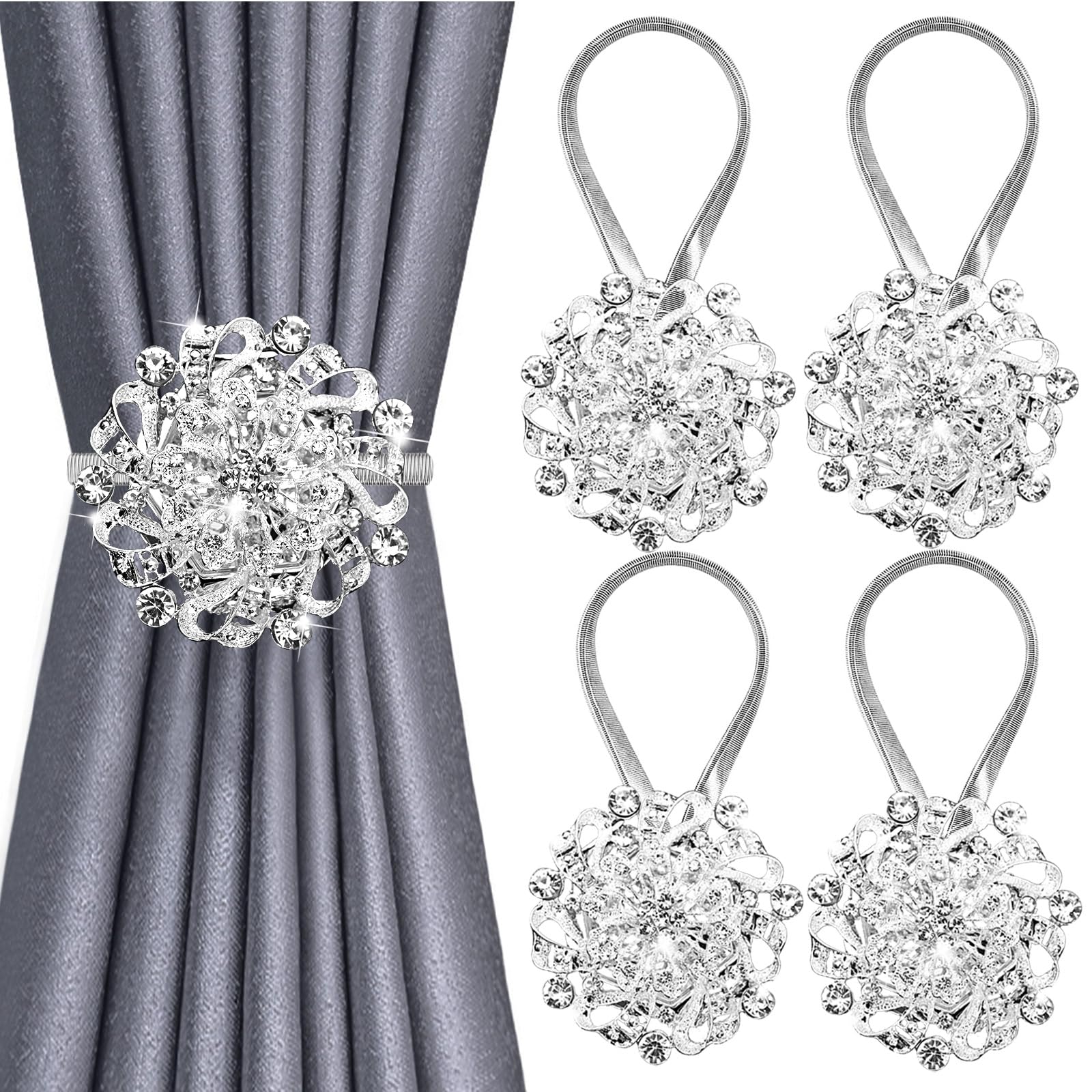 BOCHION Curtain Tie Backs, 4 Pack Sparkling Magnetic Curtain Tiebacks, Crystal Window Curtain Decorative Clips, Drapery Holdbacks With Stainless Spring Wire, No Drilling For Home Hotel Office (Silver)