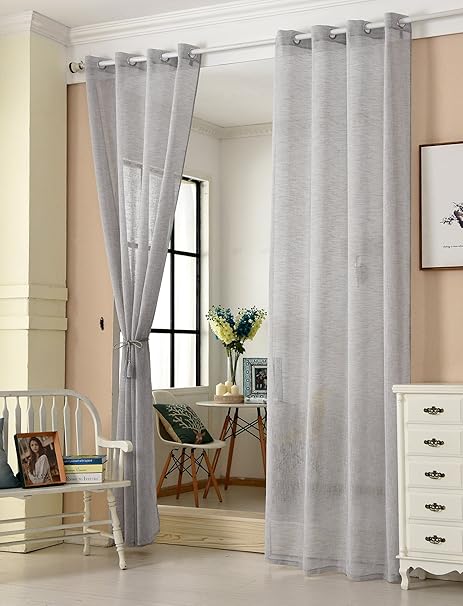 WOLTU® VH5862hgr-2, 2er Set Gardinen transparent mit Ösen Leinen Optik, Doppelpack Ösenschal Vorhang Stores Voile Fensterscha