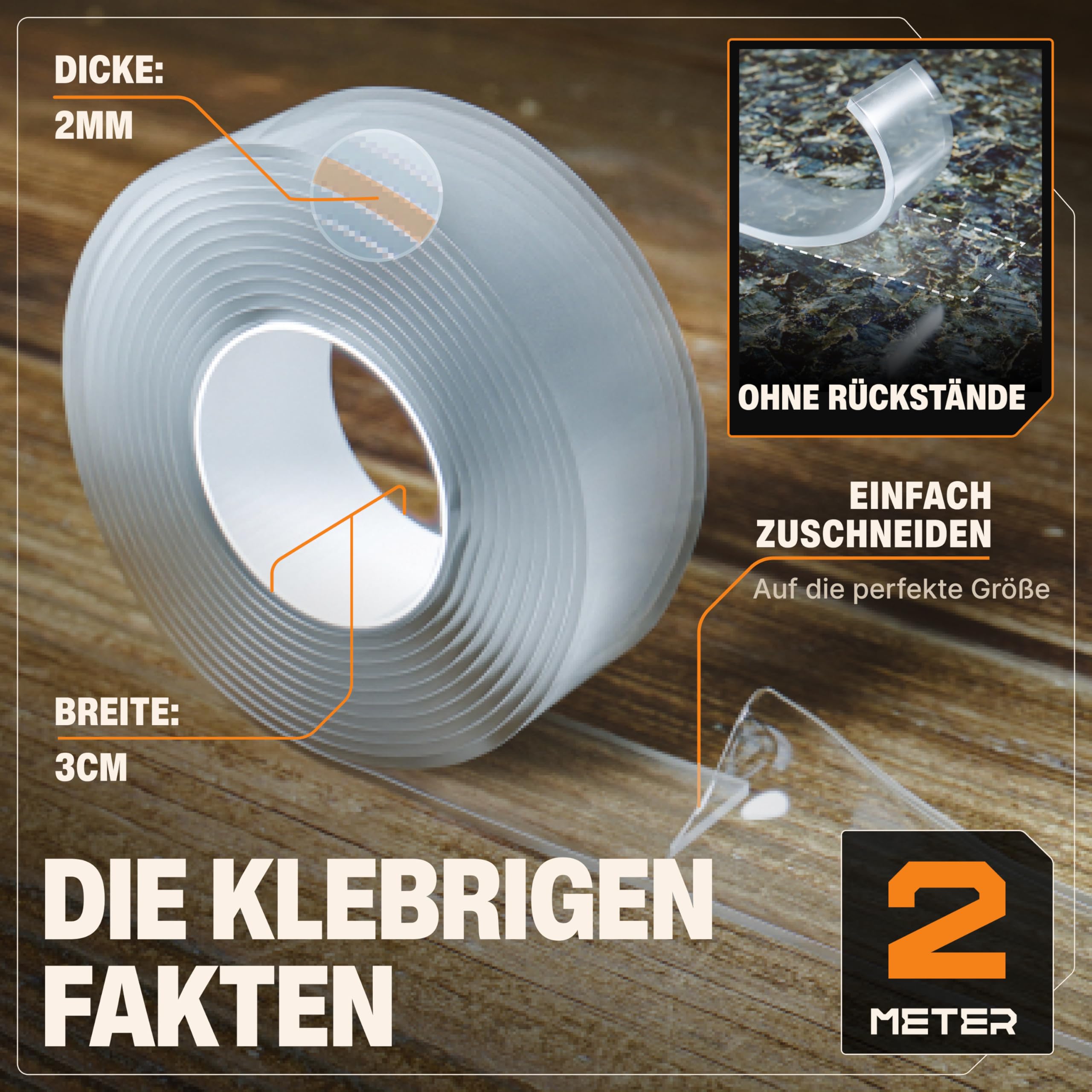 BAURIX® Nano Tape Doppelseitig [2m] – Starkes Klebeband für Wand, Teppich & Deko – transparent, waschbar, wiederverwendbar – ideal für DIY und professionelle Anwendungen 3