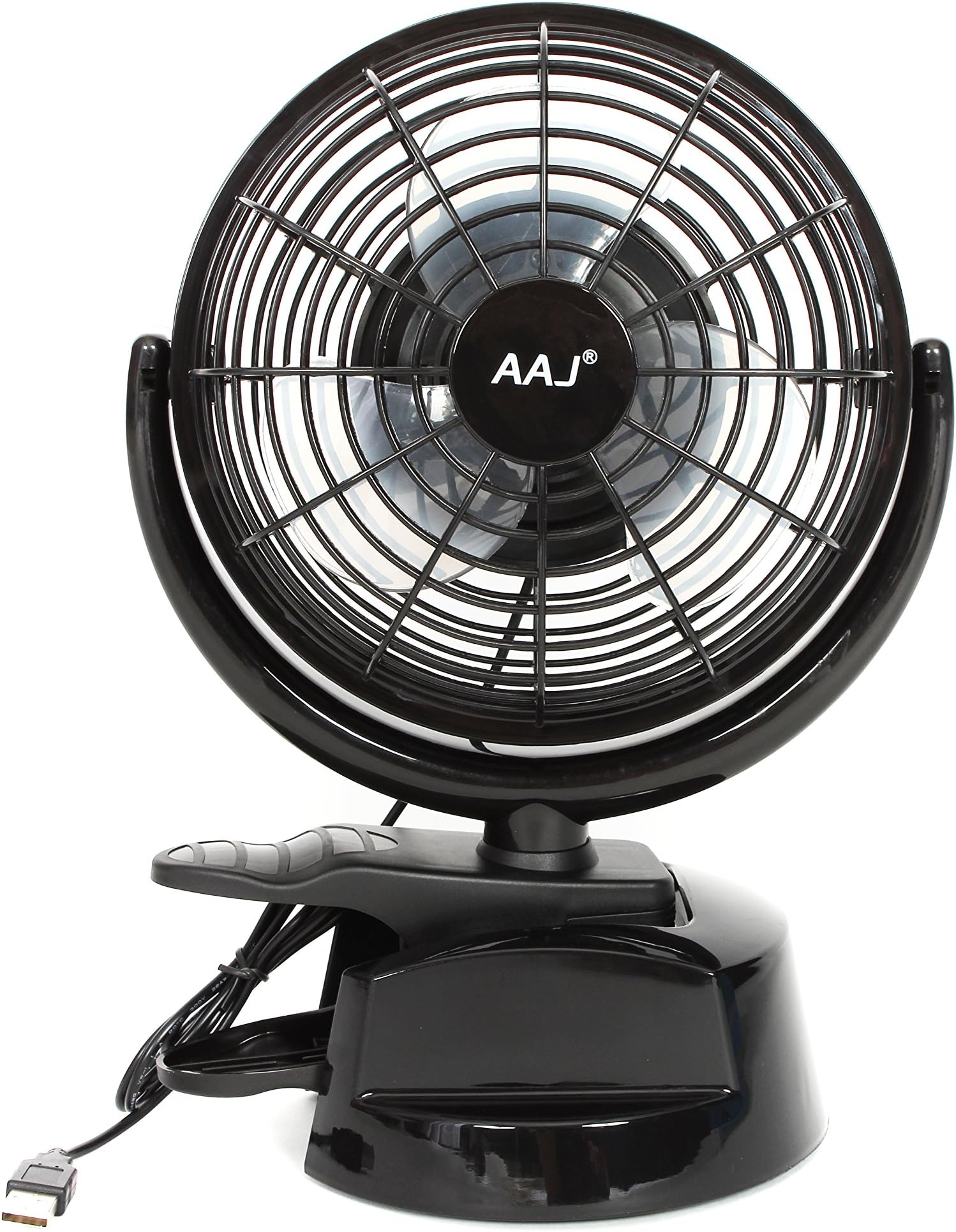 AAJ Mini USB Clip Fan with Base (for 4 AA Batteries)-Desk Fan 8 Inch-2 Speed Portable Cooling Fan-USB Powered by Notebook-360° Up and Down-Ideal for Home,Office,Vans-Black (Batteries not Included)
