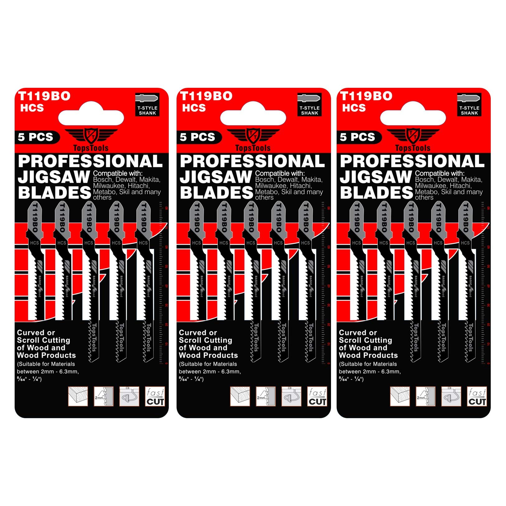 15 x TopsTools T119BO Curved or Scroll Cutting Jigsaw Blades for Wood