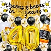 40th Birthday Decorations for Men, 40 Birthday Decorations with 40 Inch Gold 40 Number Balloons, Cheers to 40 Years Banner,Fringe Curtains and Cups Foil Balloons