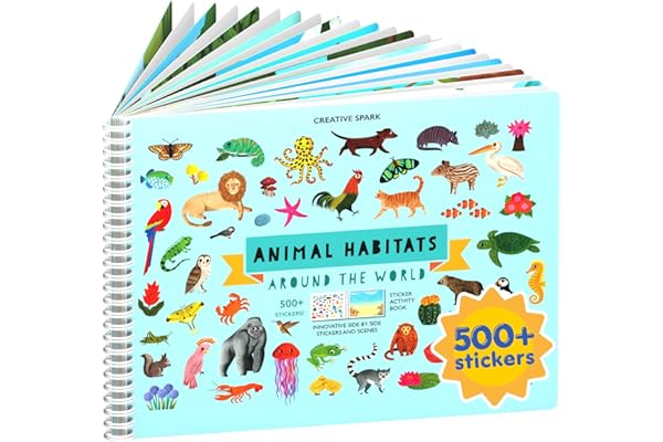 CUPKIN Animals Habitat 500+ Kids Sticker Book Toddler Airplane Travel Activity Coloring and Sticker Book, Road Trip Essential