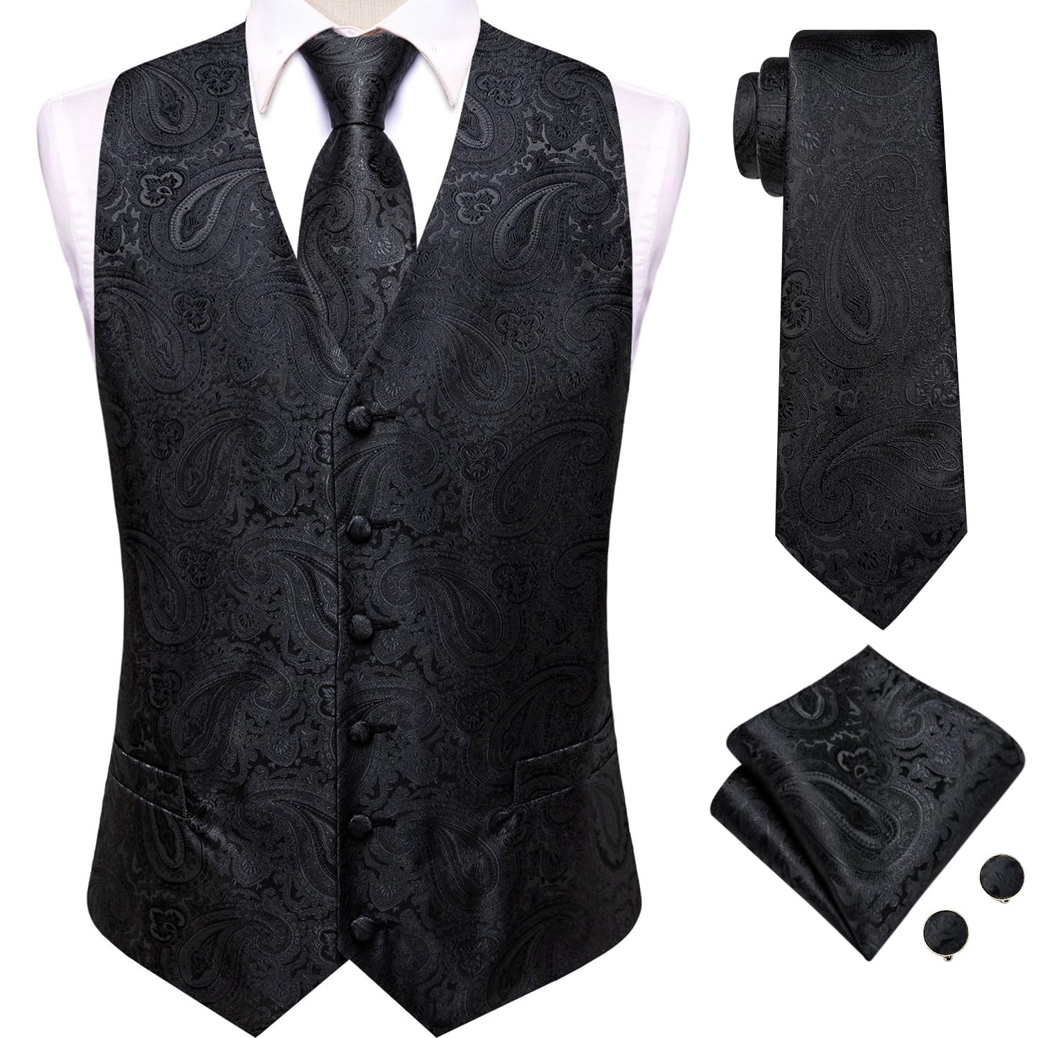 Dubulle Mens Black Paisley Suit Vest and Tie Set