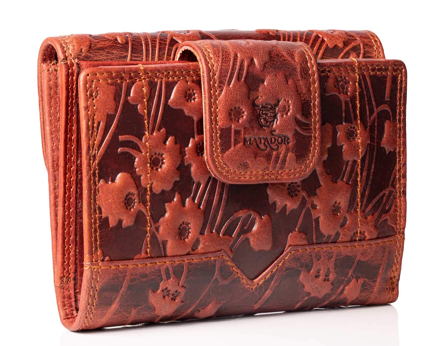 Matador Genuine Leather Women's Purse Medium Size with Elegant Gift Box - RFID Protection - Brown, Floral Print - 14.5 x 14.5 x 14.5 cm