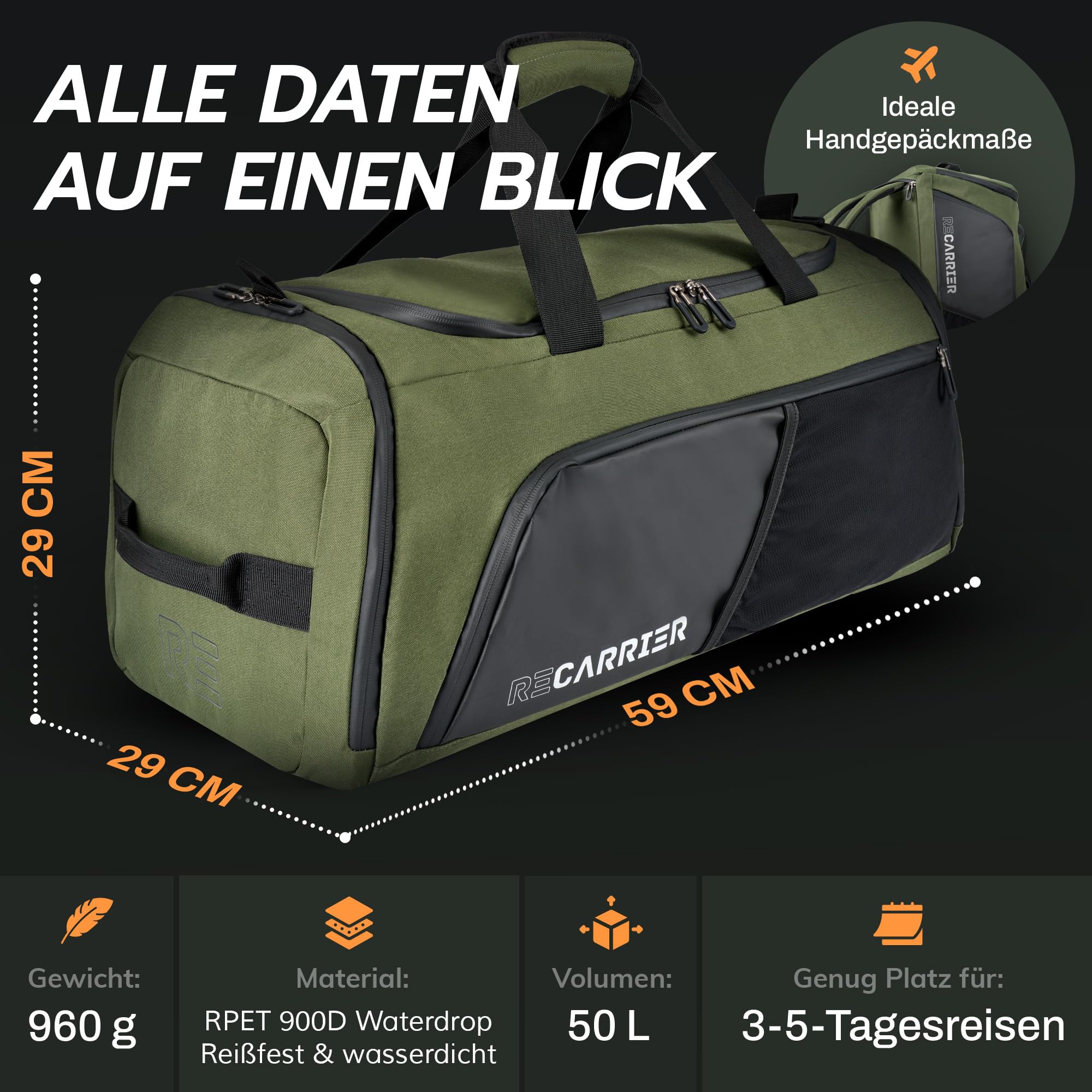 RECARRIER Sporttasche [RECYCELTES PET] 50L – Gym Bag und Rucksack in Einem –wasserdichte Trainingstasche Herren Damen–Sportrucksack wasserdicht mit Schuhfach Fitness, Reisetasche groß (Pinewoodgreen) 2