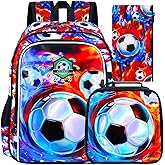 ZLYERT 17" Soccer Backpack for Boy, 3Pcs Football School Backpacks with Lunch Box, Kids Bookbag for Elementary Preschool Kindergarten(Ice and Fire)