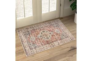 Lahome Oriental Entryway Rugs Indoor, 2x3 Rugs for Entryway Soft Small Kitchen Rugs Non Slip Washable, Ultra-Thin Vintage Door Mat Indoor Entrance for Bedroom Bathroom (2x3ft,Peach/Orange)