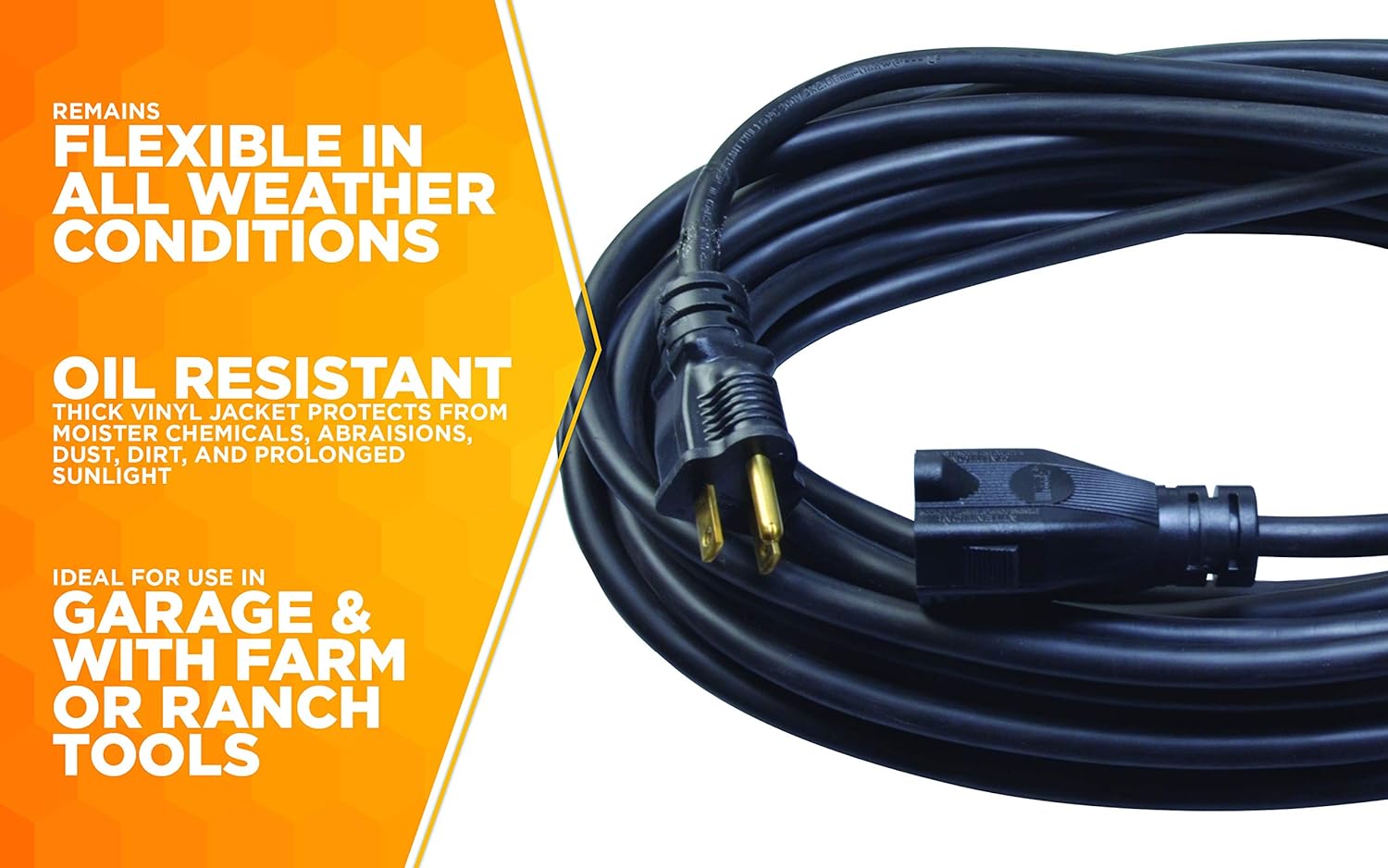 Woods 982452 50-Foot SJTOW Agricultural Outdoor Heavy Duty All- Weather Extension Cord, Oil Resistant Vinyl Jacket, Versatile Use, Powerful 15 Amps, 125 Volts, 1, 875 Watt Extension Cord, Black - Outdoor Extension Cords - 