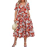 IN'VOLAND Womens Plus Size Short Sleeve Dress Summer Midi Casual Tiered V-Neck Aline Flowy Loose Dresses with Pockets