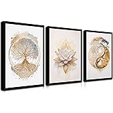 Wood Framed Tree of Life Wall Art Set of 3, Modern Gold Lotus Zen Canvas Wall Decor Paintings, Abstract Yin Yang Artwork Poster Print for Living Room Yoga Room Bedroom Home Decor 12x16 Inch