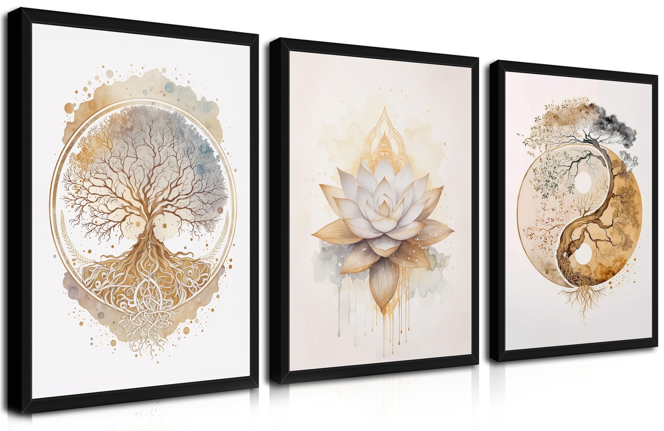 Photo 1 of Wood Framed Tree of Life Wall Art Set of 3, Modern Gold Lotus Zen Canvas Wall Decor Paintings, Abstract Yin Yang Artwork Poster Print for Living Room Yoga Room Bedroom Home Decor 12x16 Inch