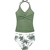 Girls Swimsuits 2 Piece Halterneck Bathing Suit Criss Cross Ruched Printed Tankini Swimwear Set for 9-16 Years