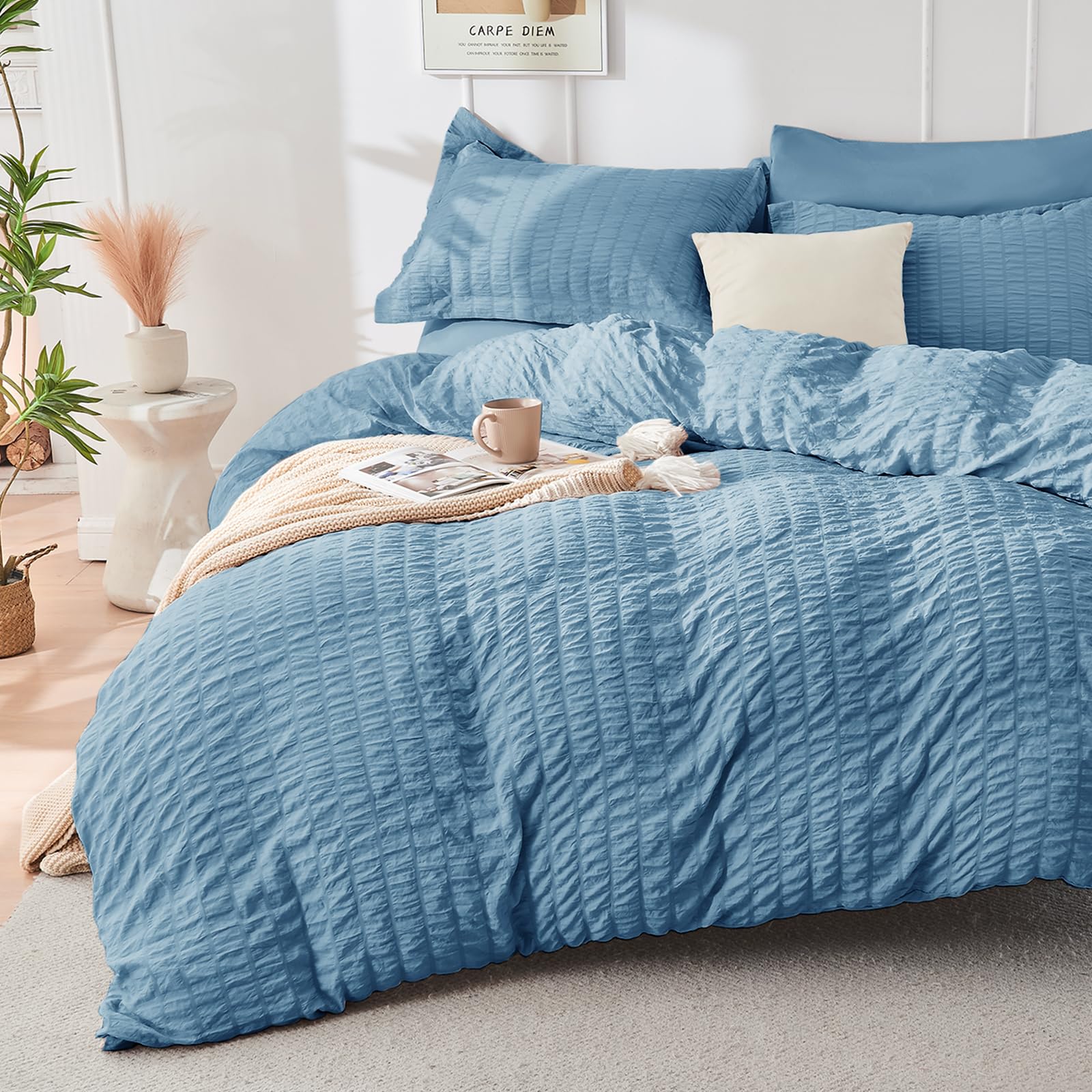 HYMOKEGE Mineral Blue Duvet Cover Full Size, Ultra Soft 3-Piece Seersucker Duvet Cover Set with Zipper Closure, Soft Brushed Microfiber Bedding Set with 8 Corner Ties (80"x90", 2 Pillowshams) Image