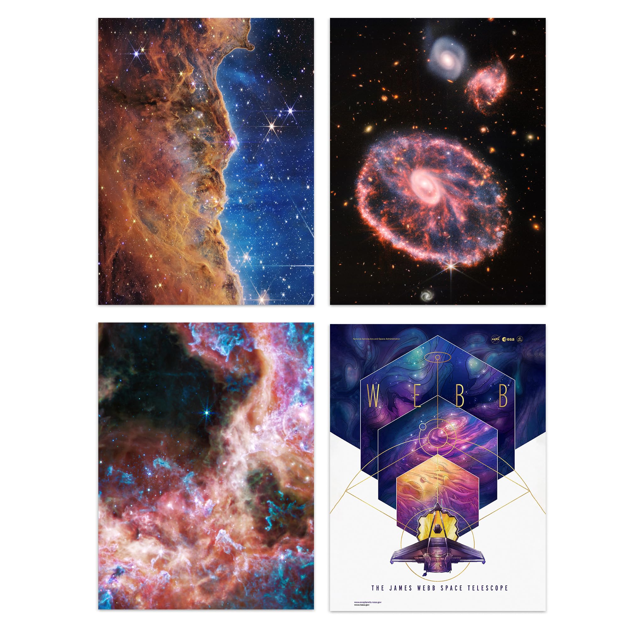 Artery8 Pack of 4 NASA James Webb Space Telescope Images Cosmic Cliffs Carina Nebula Cartwheel Galaxy Cosmic Tarantula Unframed A4 Wall Art Living Room Prints Set