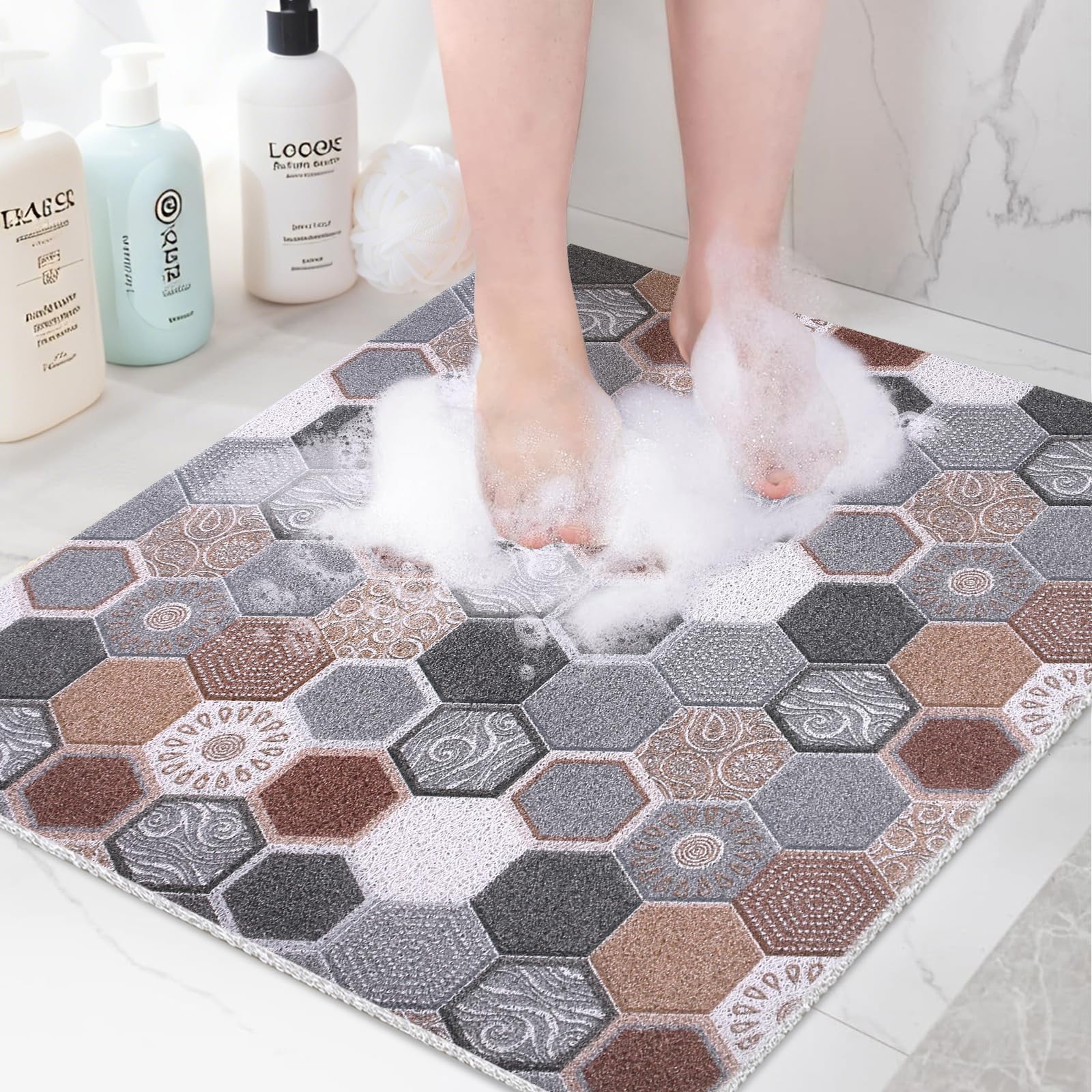 Square Shower Mat 80x80 cm Non Slip Bath Mat for Inside Shower Loofah Shower Mat for Elderly Soft Textured Foot Massage Pad Bathroom Floor Mat for Wet Area, Without Suction Cups, Quick Drying