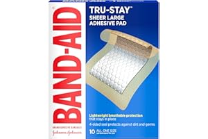 Band-Aid Brand Tru-Stay Adhesive Pads, Large Sterile Sheer Bandages for First Aid & Wound Care, Large Pad Covers & Protects Minor Cuts, Scrapes & Burns, Lightweight, Large Size, 10 ct