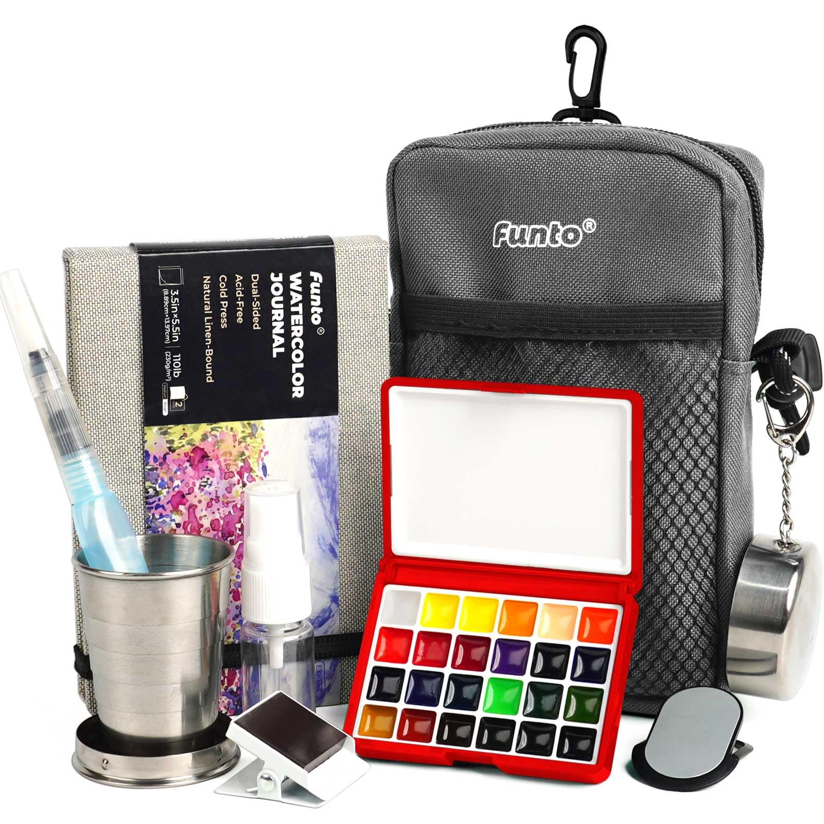 Photo 1 of Funto Mini Watercolor Paint Set, All-In-One 24-Color Travel Paint Kit, with Crossbody Bag, Watercolor Journal, Paint Water Cup, Pocket Set for Artists