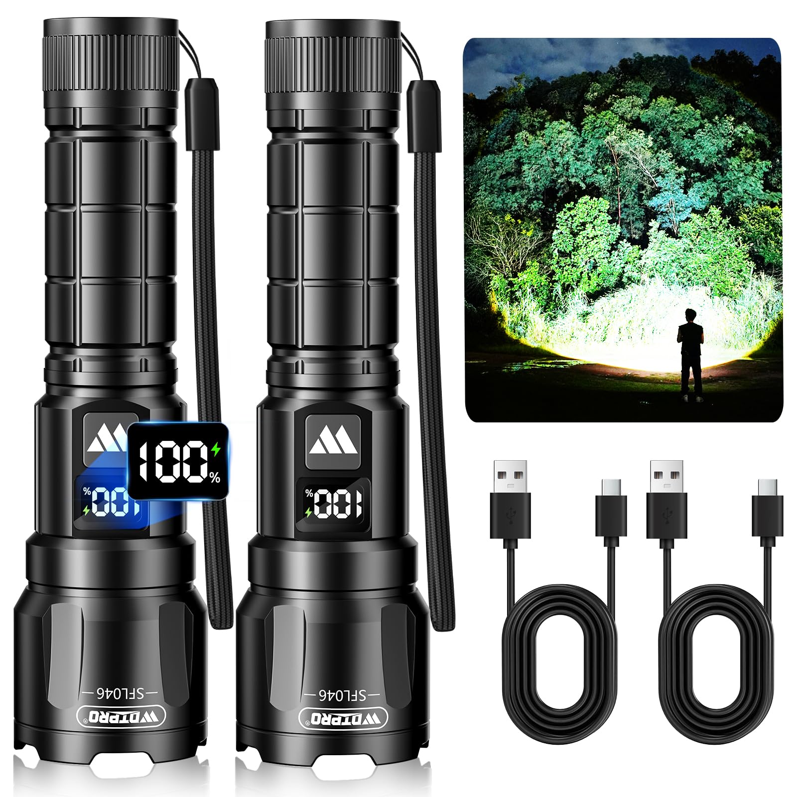 Photo 1 of Wdtpro LED Rechargeable Flashlights High Lumens 2Pack, 6000LM Super Bright Flashlight, Zoomable Powerful Camping Flashlights with LCD Digital Display, 3 Modes Waterproof Flash Light for Home Emergency