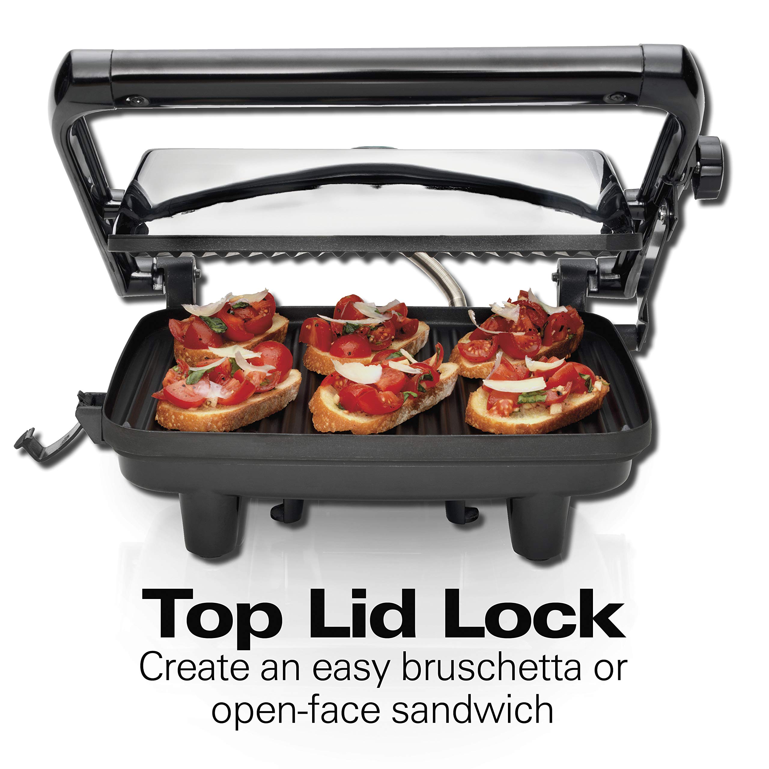 Hamilton Beach Electric Panini Press Grill with Locking Lid, Opens 180 Degrees for any Sandwich Thickness (25460A) Nonstick 8" X 10" Grids Chrome Finish, Medium