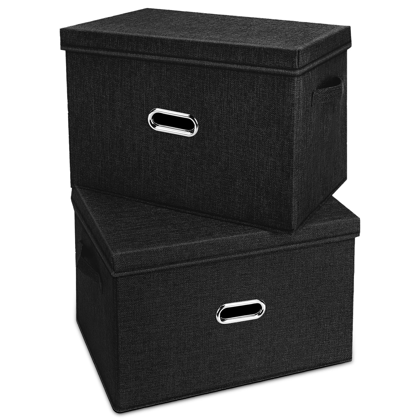 Photo 1 of Valease Large Linen Fabric Foldable Storage Bins with Removable Lid and Handles, Washable Storage Box Organizer Containers Baskets Cube with Cover for Bedroom,Office(Black, Small(2-Pack))