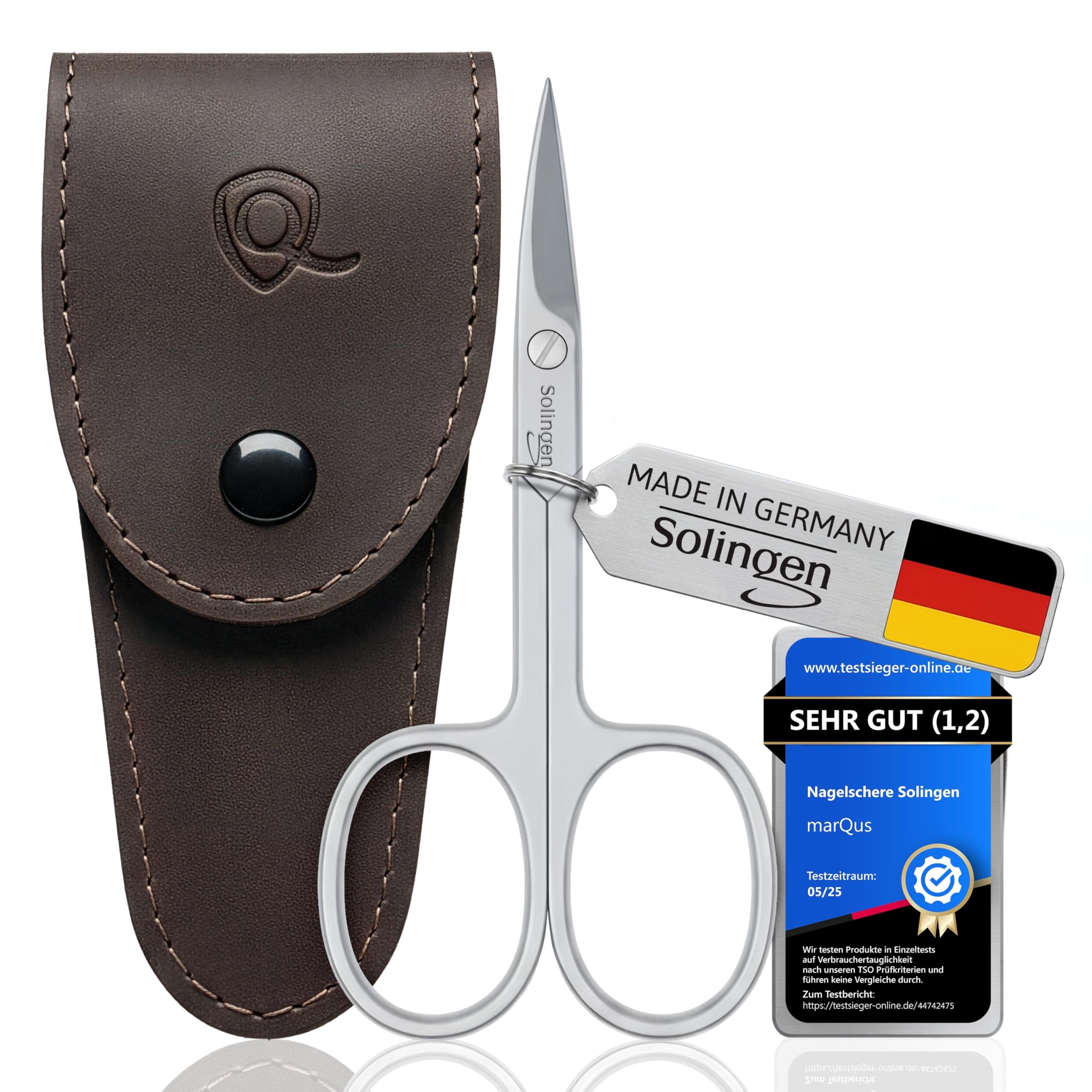 Solingen Nail Scissors for Women and Men - Curved Manicure Scissor Made in Germany - Extra Fine and Sharp - in a Handy Case, Ideal for Travelling, as a Gift, or for Home Use, Brown