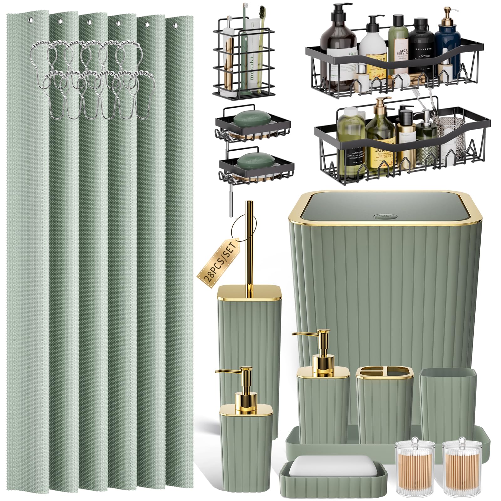 Photo 1 of XLHOMO 28PC Bathroom Accessories Set - Gorgeous Sage Green Bathroom Set with Shower Caddy and Shower Curtain, Bathroom Accessory Set, Soap Dish & Trash Can