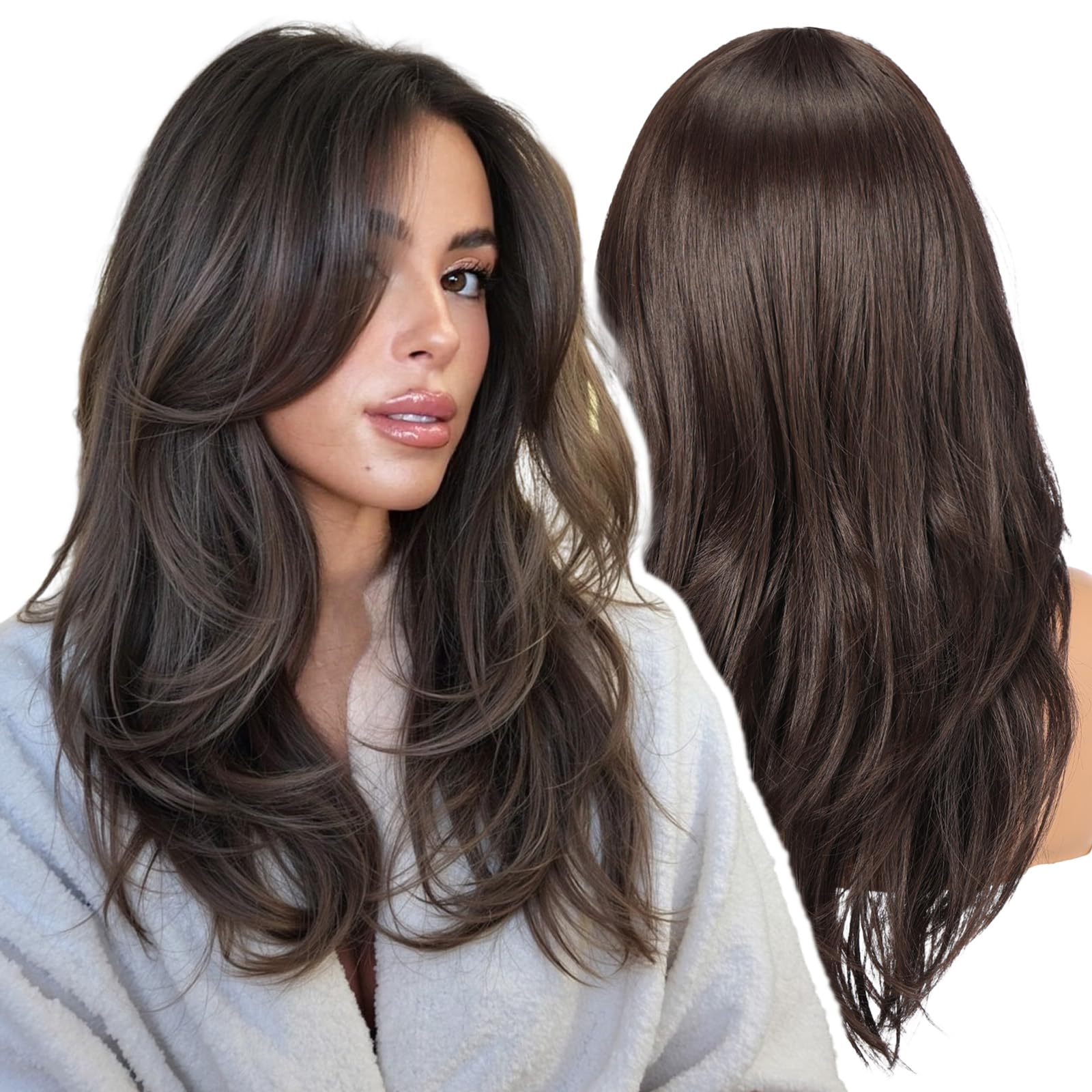 WOKESTAR Natural Long Wigs for Women with Fringe Synthetic Heat Resistant Hair Natural Brown Wig for Daily Party Cosplay Use