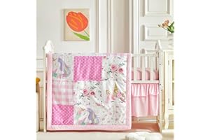 UOZZI BEDDING Patchwork Crib Bedding Set Unicorn Plaid Floral Design 3 Pieces Baby Girl Cute Quilted Comforter with Fitted Sheet and Bed Skirt - Pink Flower Green Leaes White Unicorn Dots Style Crib Bed Set