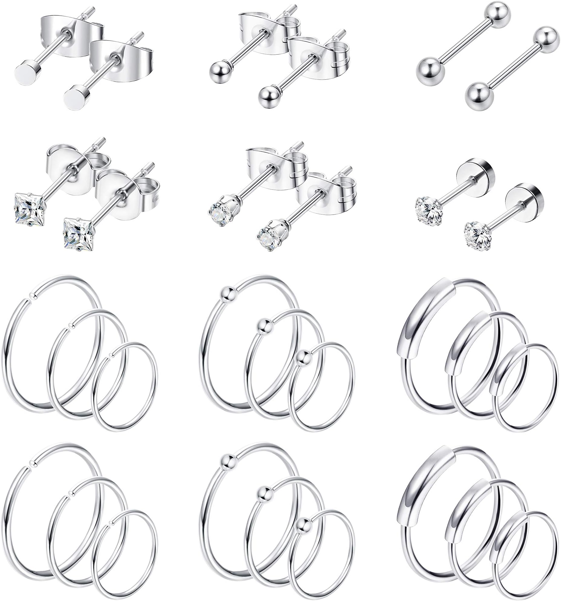 Jstyle 30Pcs Stainless Steel Cartilage Earrings Hoops for Men Women Tiny Stud Earrings Ball CZ Tragus Conch Helix Piercing Earrings Jewelry