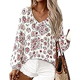Zenlonr Womens Fall Tops Dressy Casual 2026 V Neck Satin Silk Printed Shirts Boho Long Sleeve Work Blouses
