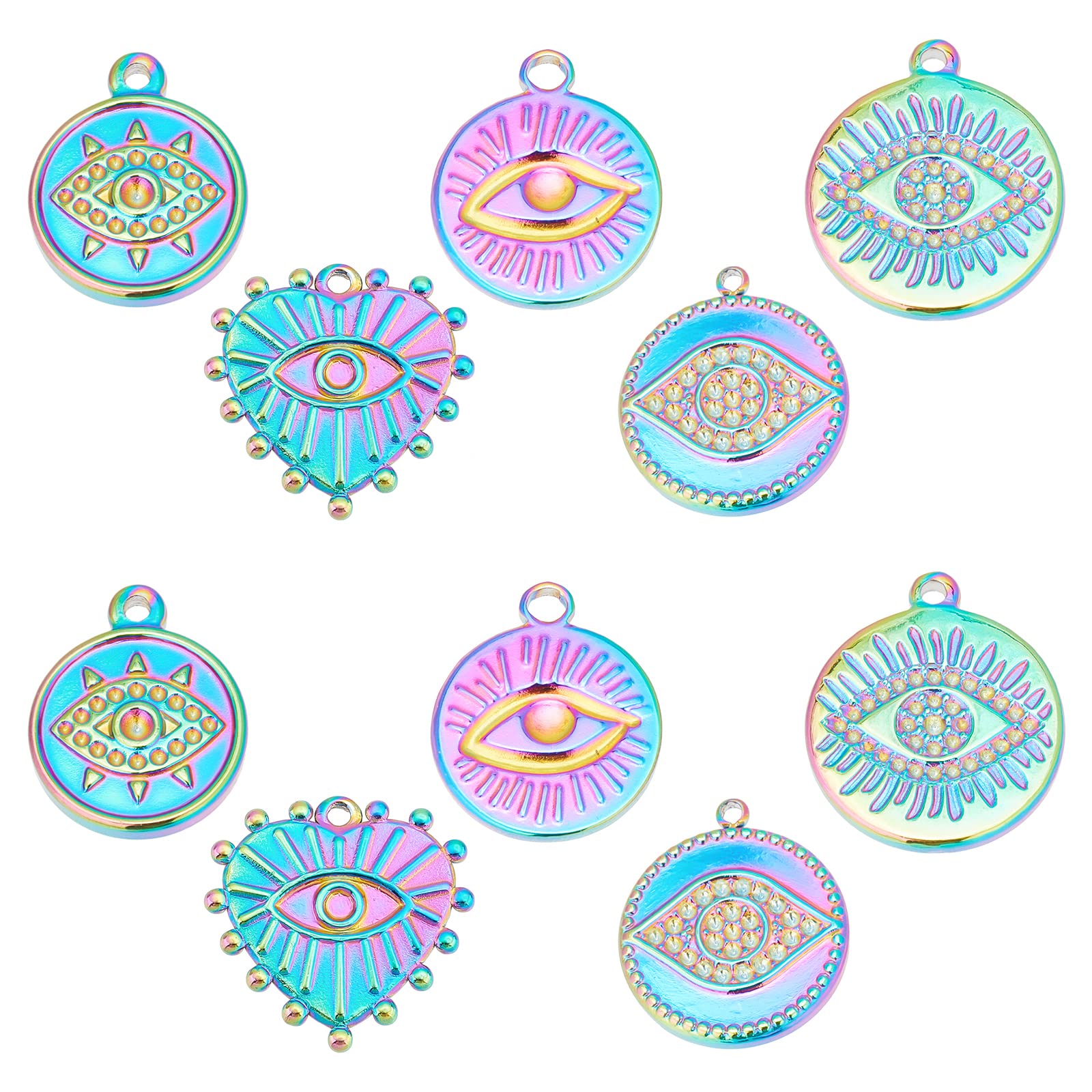 DICOSMETIC 10Pcs Evil Eye Charms 5 Styles Egyptian Eye Pendants Stainless Steel Flat Round and Heart Pendant with Evil Eye Charms Rainbow Hanging Ornaments for DIY Necklace Bracelet Jewelry Making