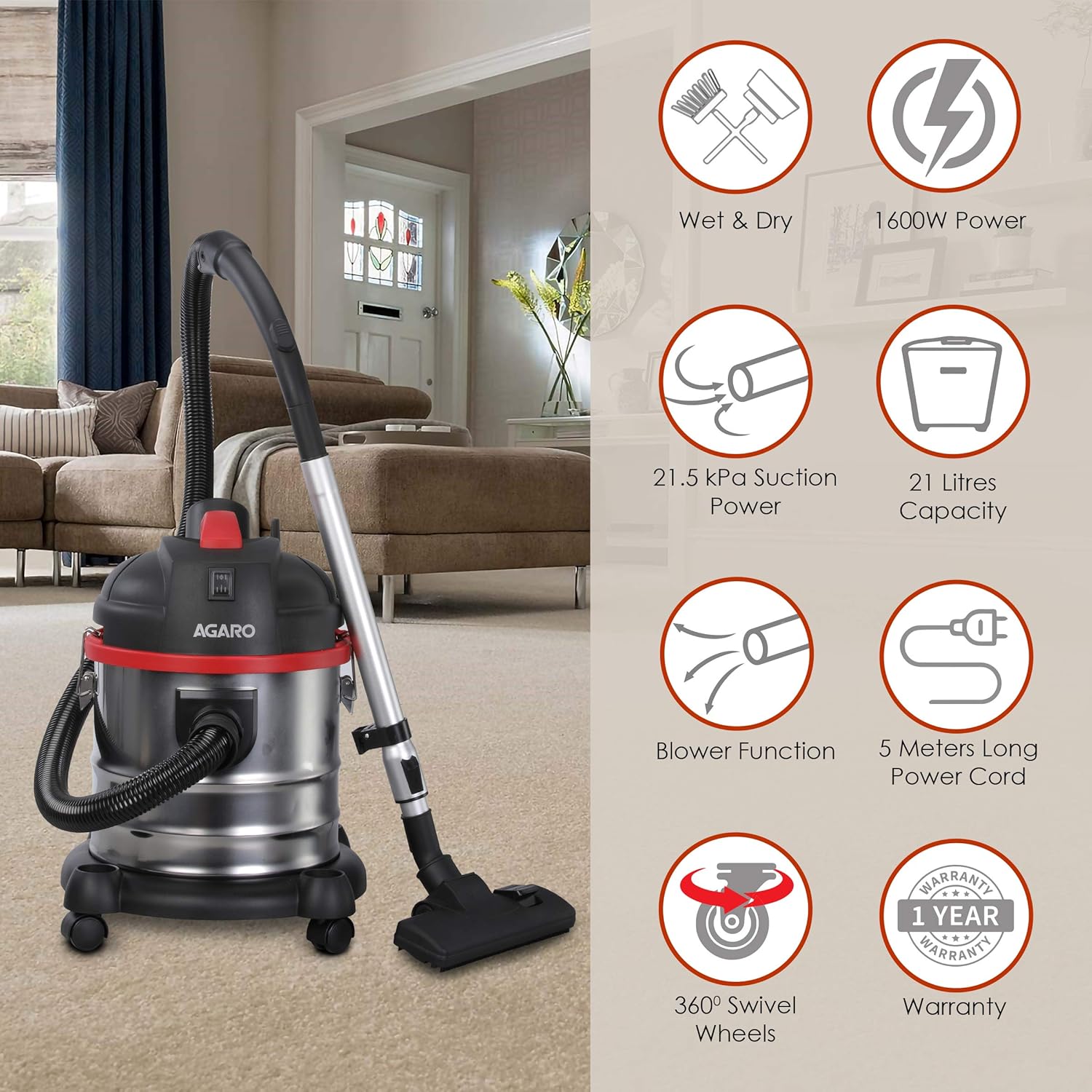 AGARO Ace Wet and Dry Stainless Steel Vacuum Cleaner