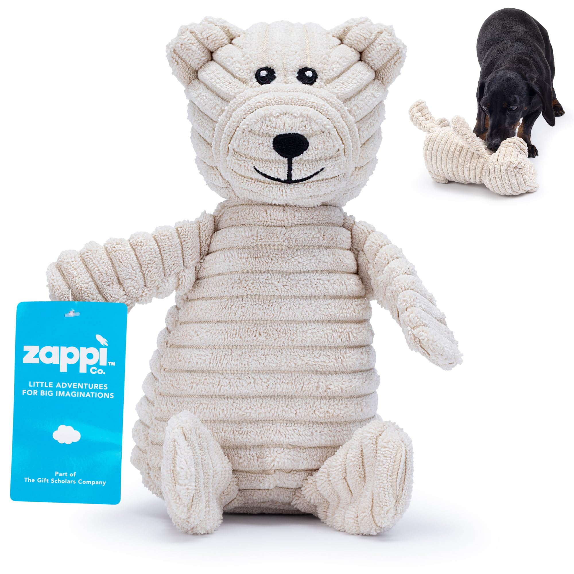 Zappi Co Bear Plush Dog Toy with Squeaker – Soft, durable, ribbed design for playful sessions. Ideal for small and medium dogs who need a durable toy for interactive fun.