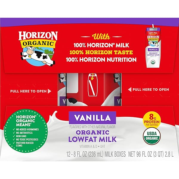 HORIZON ORGANIC SHELF STABLE 1% LOWFAT VANILLA MILK BOXES, 8 FL OZ, 12 COUNT – 8G PROTEIN PER SERVING, USDA ORGANIC UHT FROM PASTURE-RAISED COWS, READY TO DRINK FOR LUNCHBOX, TRAVEL, OR ON-THE-GO, NO REFRIGERATION NEEDED