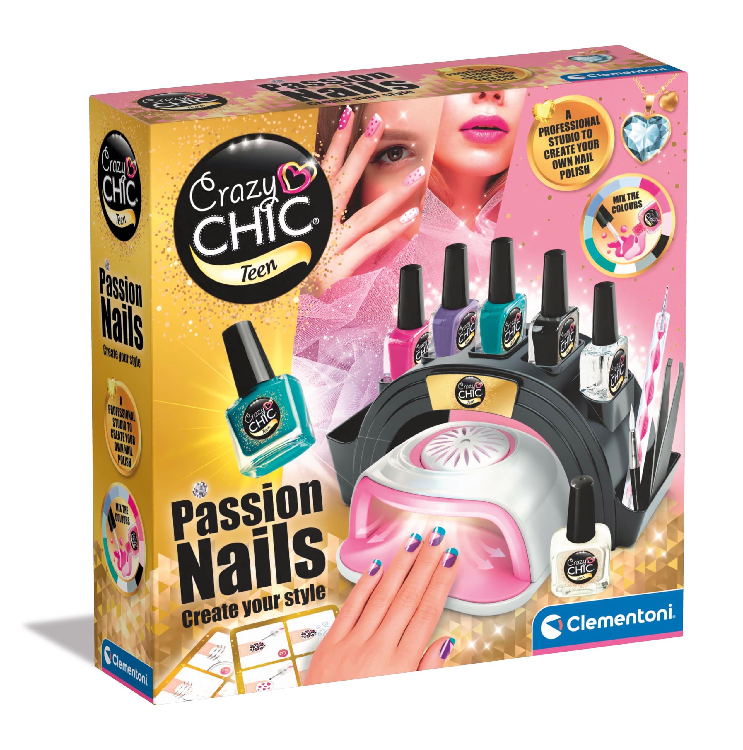 Clementoni- Crazy Chic Passion Nail Art Set: Safe Nail Polish & Dryer, Design & Decorate Nails (8+ Years)