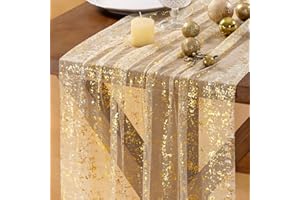 Socomi Christmas Snow Table Runner Gold Gauze Sheer Chiffon Cheesecloth Sequin 10FT Glitter Metallic Foil Dining Wedding Birthday Party Fall Winter Anniversary Holiday Centerpiece Table Decor Beige