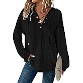 Dimur Hoodies for Women Waffle Knit V Neck Oversized Sweatshirt Button Down Drawstring Hooded Pullover Tops for Fall 2025
