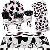 171 Pcs Pink Cow Print Party Supplies Included Plates Cups Napkins Knife Spoons Forks Tableware Serves for 24 Banner and Tablecloths for Girl Boy Cow Theme Farm Animal Birthday Baby Shower Decorations