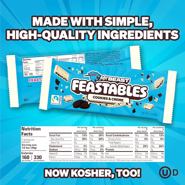 MRBEAST FEASTABLES COOKIES & CREME CHOCOLATE BAR, KING SIZE, 10 COUNT, WHITE CHOCOLATE WITH COOKIE PIECES, FAIRTRADE COCOA, 2.1OZ EACH