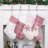 GEX Pink Plush Christmas Stockings for Family 20" Large Pink Plaid Xmas Stockings Classic Fireplace Decorations Hanging Ornament (4 Pack)