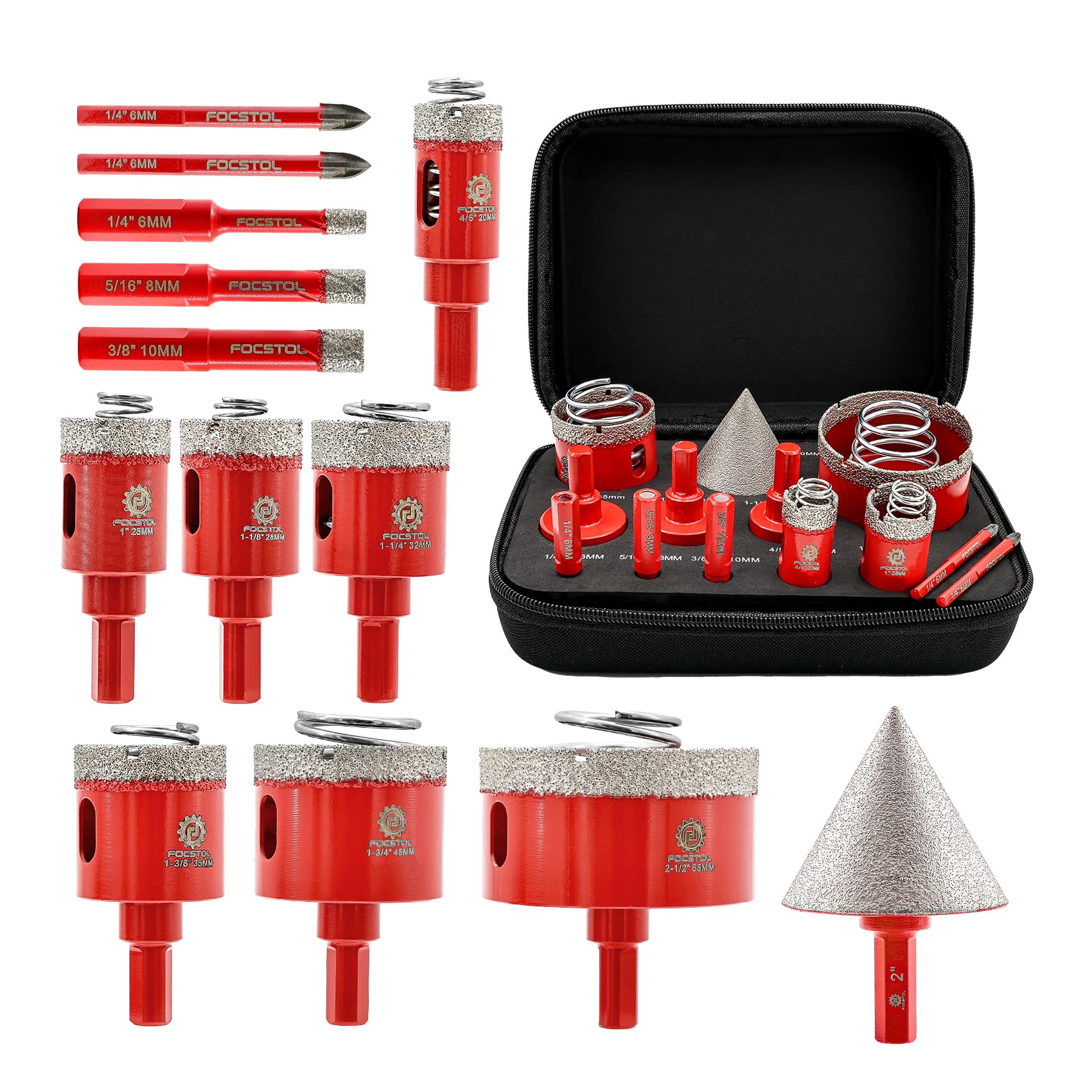 FOCSTOL Tile Hole Cutter Set - Diamond Hole Saw Set for Porcelain Ceramic Tile 13pcs (6/8/10/20/25/28/32/35/45/65mm+50mm Beveling Chamfer Bit+6/6mm Carbide Drill)